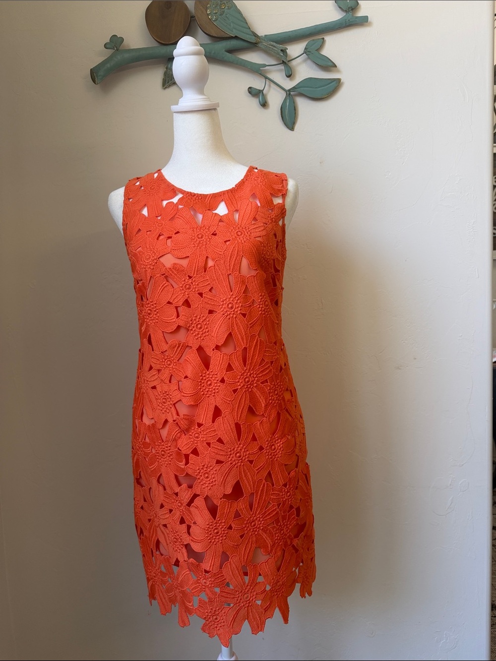 Sleeveless Crochet Floral Mini Dress in Bright Orange/Coral